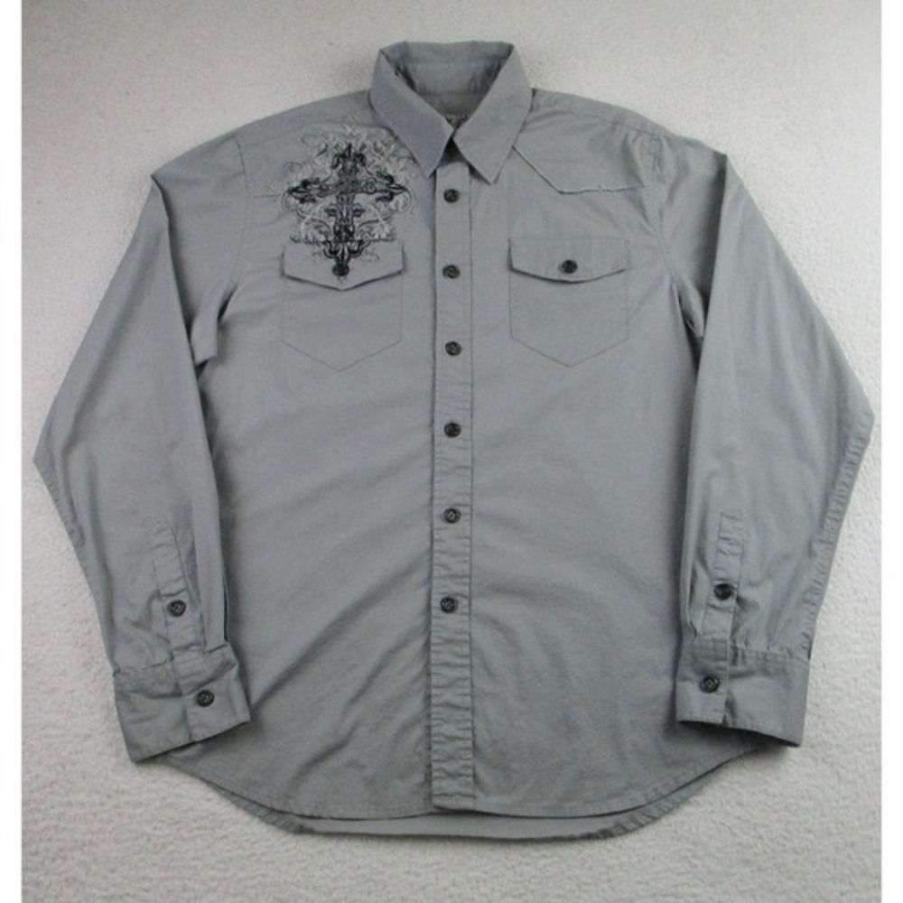 Archaic Shirt Mens Small Gray Long Sleeve Button Up‎ Stretch Cross Graphic AM575